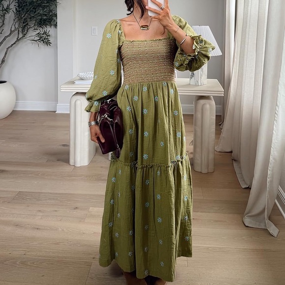 FREE PEOPLE Dahlia Embroidered Green Dress S - Picture 1 of 6